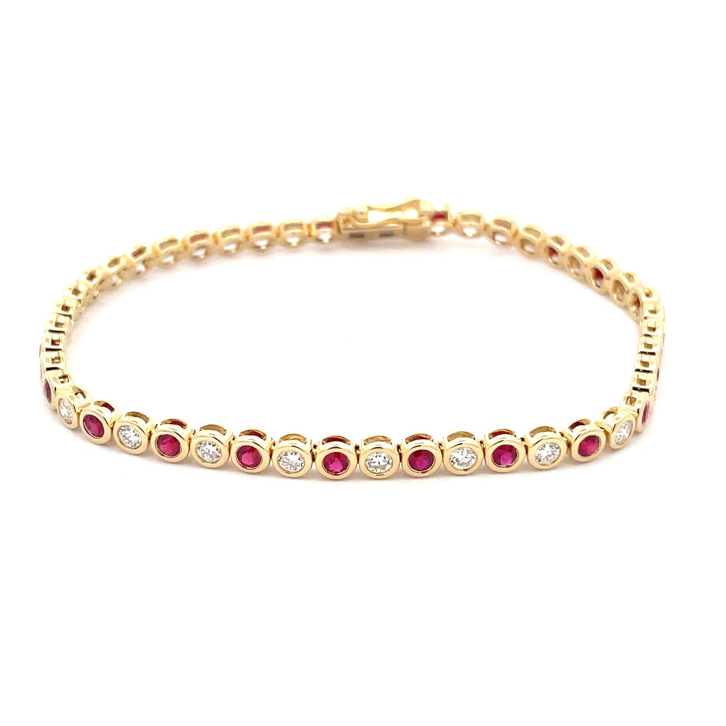 Ruby and Round Brilliant cut diamond, rub-over style tennis bracelet Gardiner Brothers