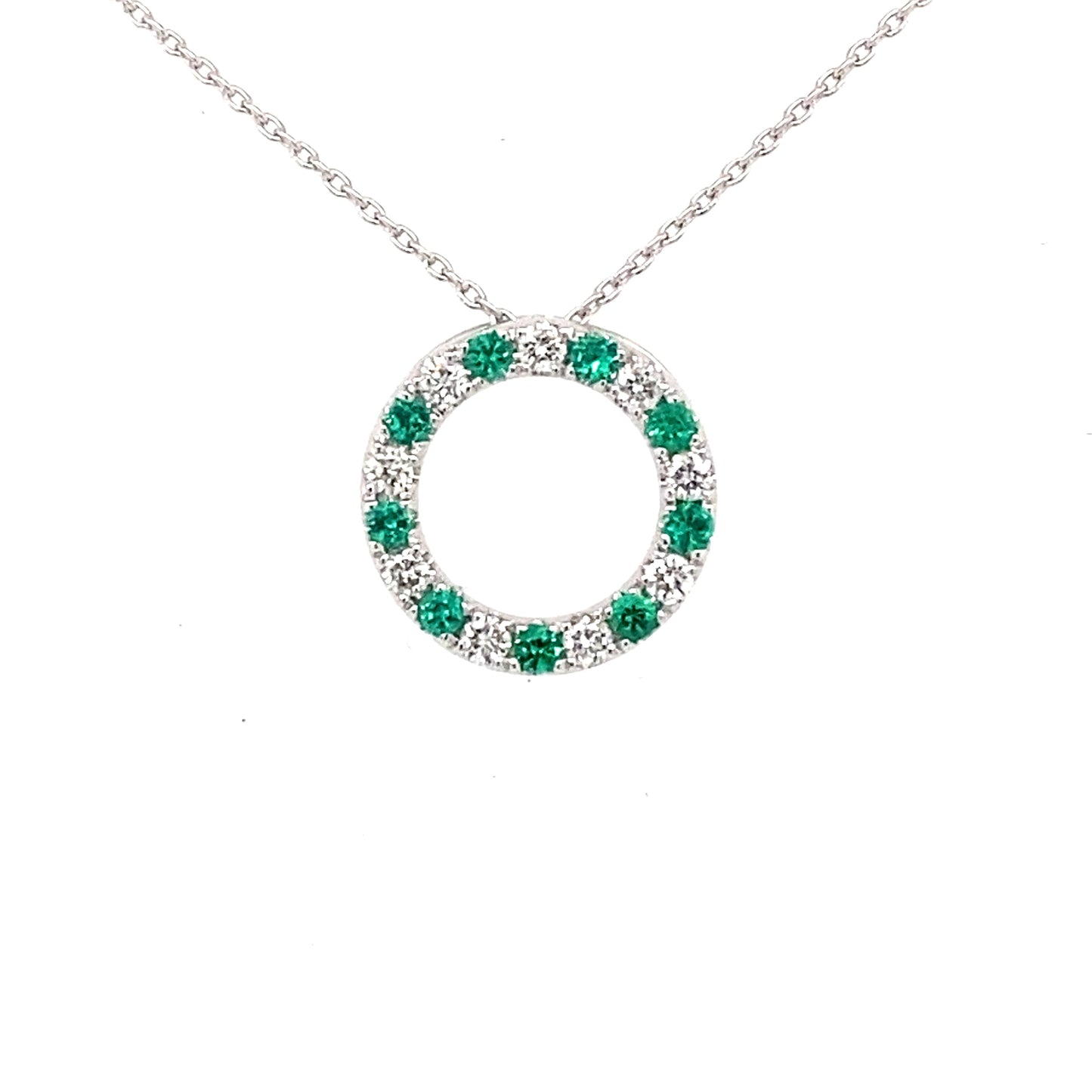 White Gold Emerald and Diamond Circle Pendant Gardiner Brothers