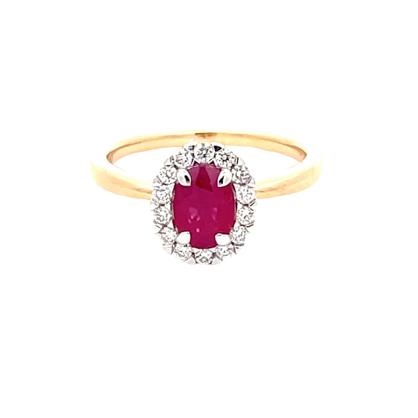 Ruby and round brilliant cut diamond halo cluster style ring Gardiner Brothers