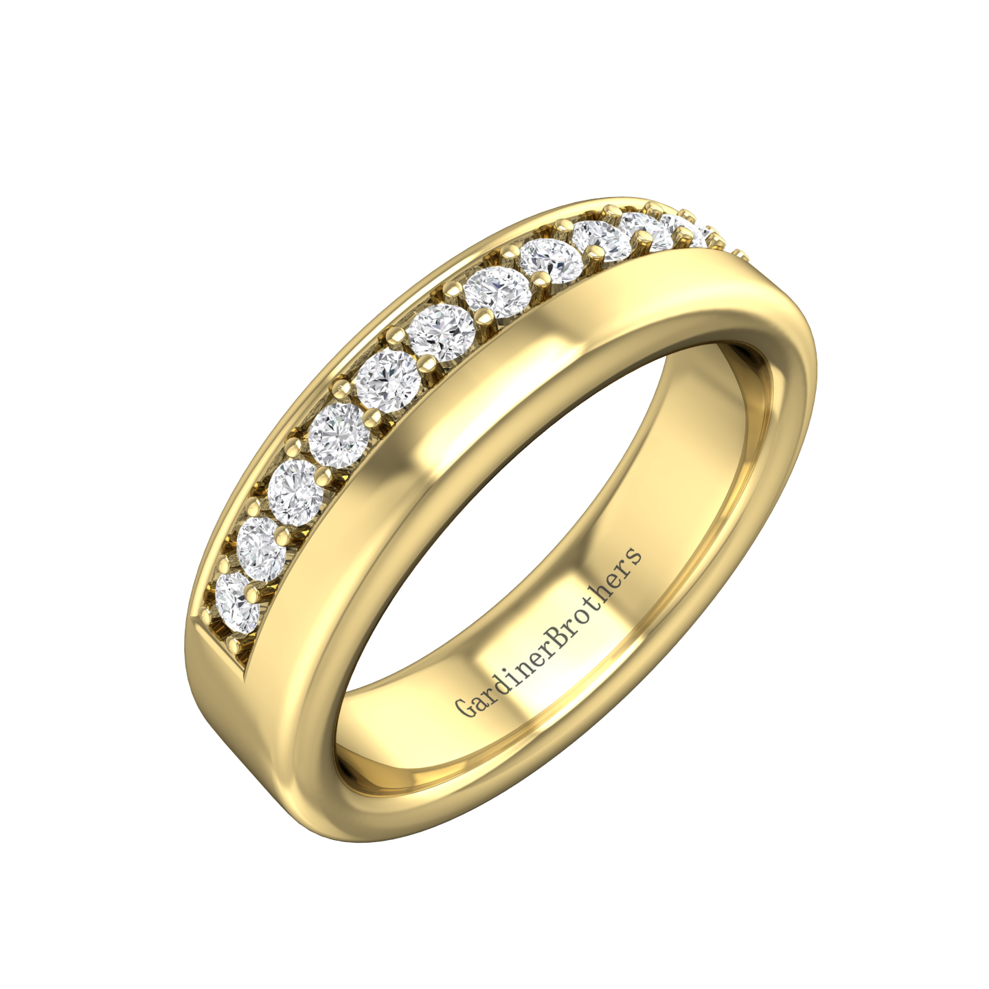 Half Pavé Set Round Brilliant Cut Diamond Off-set Wedding Band Gardiner Brothers 18ct Yellow Gold 4mm