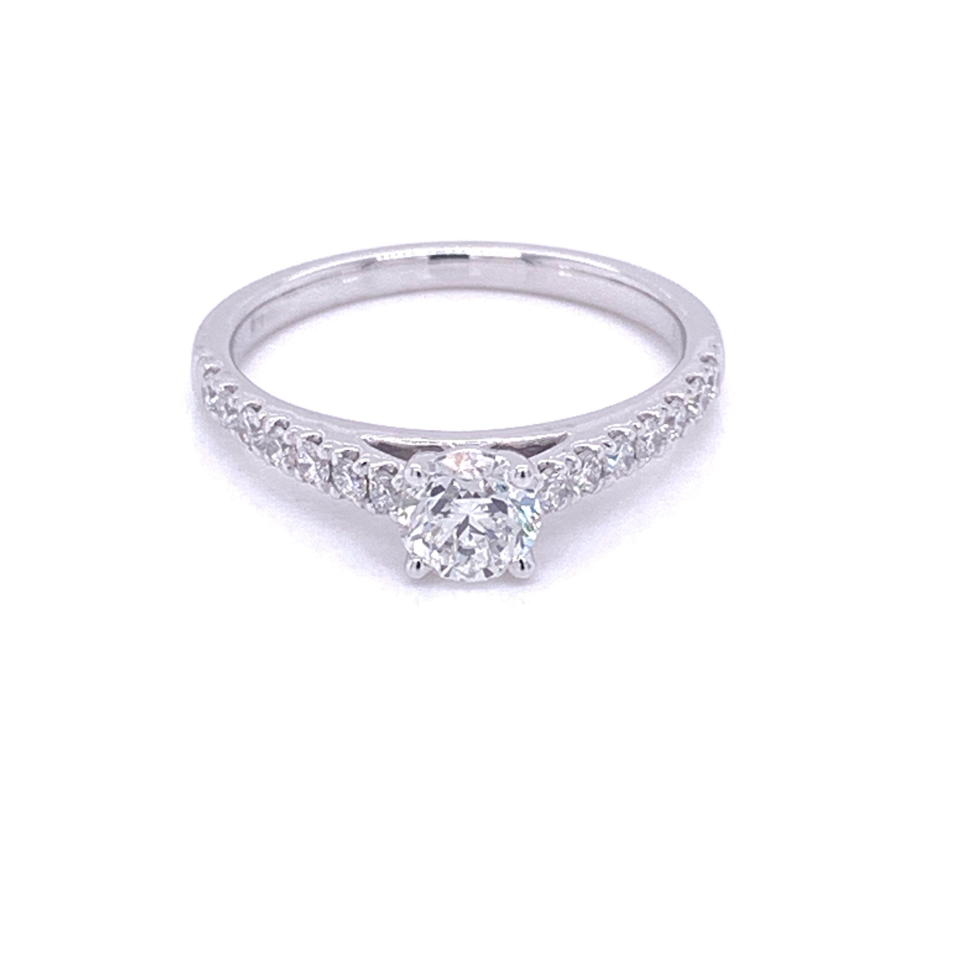 Platinum Round Brilliant Cut Diamond Solitaire With Diamond set Shoulders - 0.80cts Gardiner Brothers