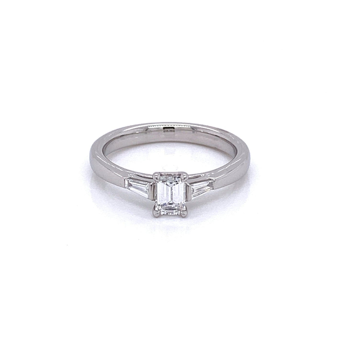 Platinum Emerald and Tapered Baguette Cut Diamond 3 Stone Ring - 0.55cts Gardiner Brothers