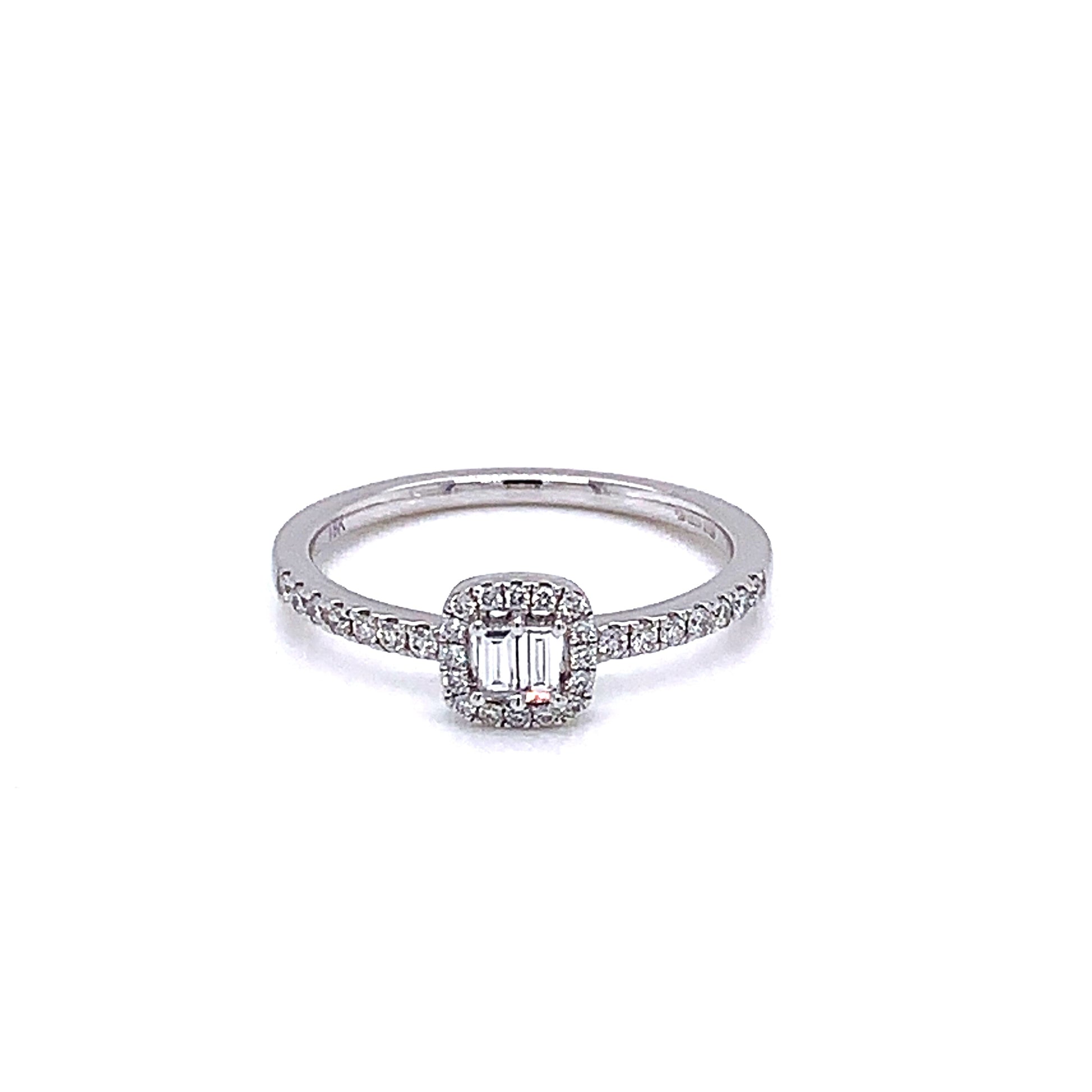 Baguette and Round Brilliant Cut Diamond Halo Ring gardiner-brothers