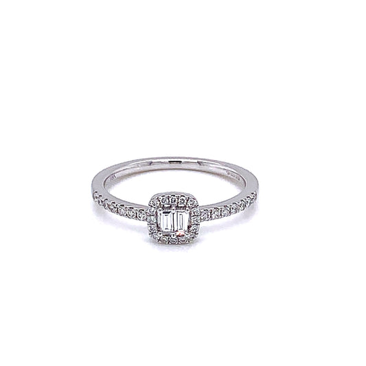 Baguette and Round Brilliant Cut Diamond Halo Ring gardiner-brothers