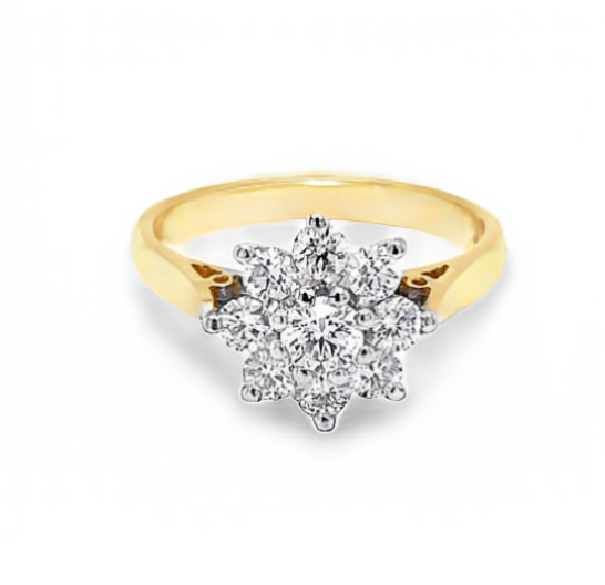 Yellow Gold Round Brilliant Cut Diamond 9 Stone Cluster Ring gardiner-brothers