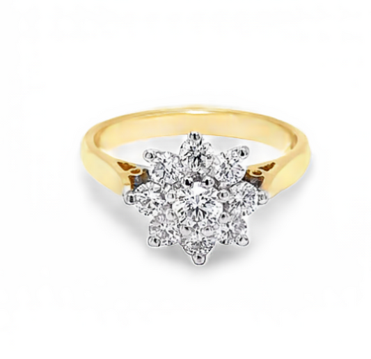 Yellow Gold Round Brilliant Cut Diamond 9 Stone Cluster Ring gardiner-brothers