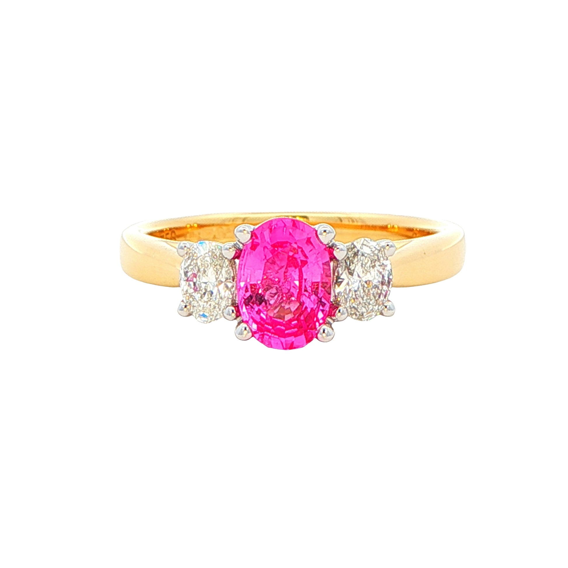 Oval shaped Pink sapphire and diamond 3 stone ring Gardiner Brothers