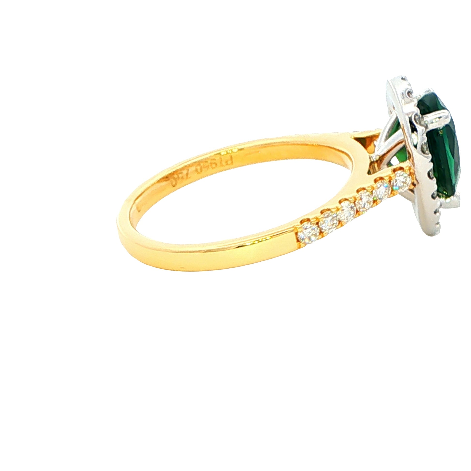 Pear Shaped Teal Sapphire and diamond halo cluster style ring Gardiner Brothers