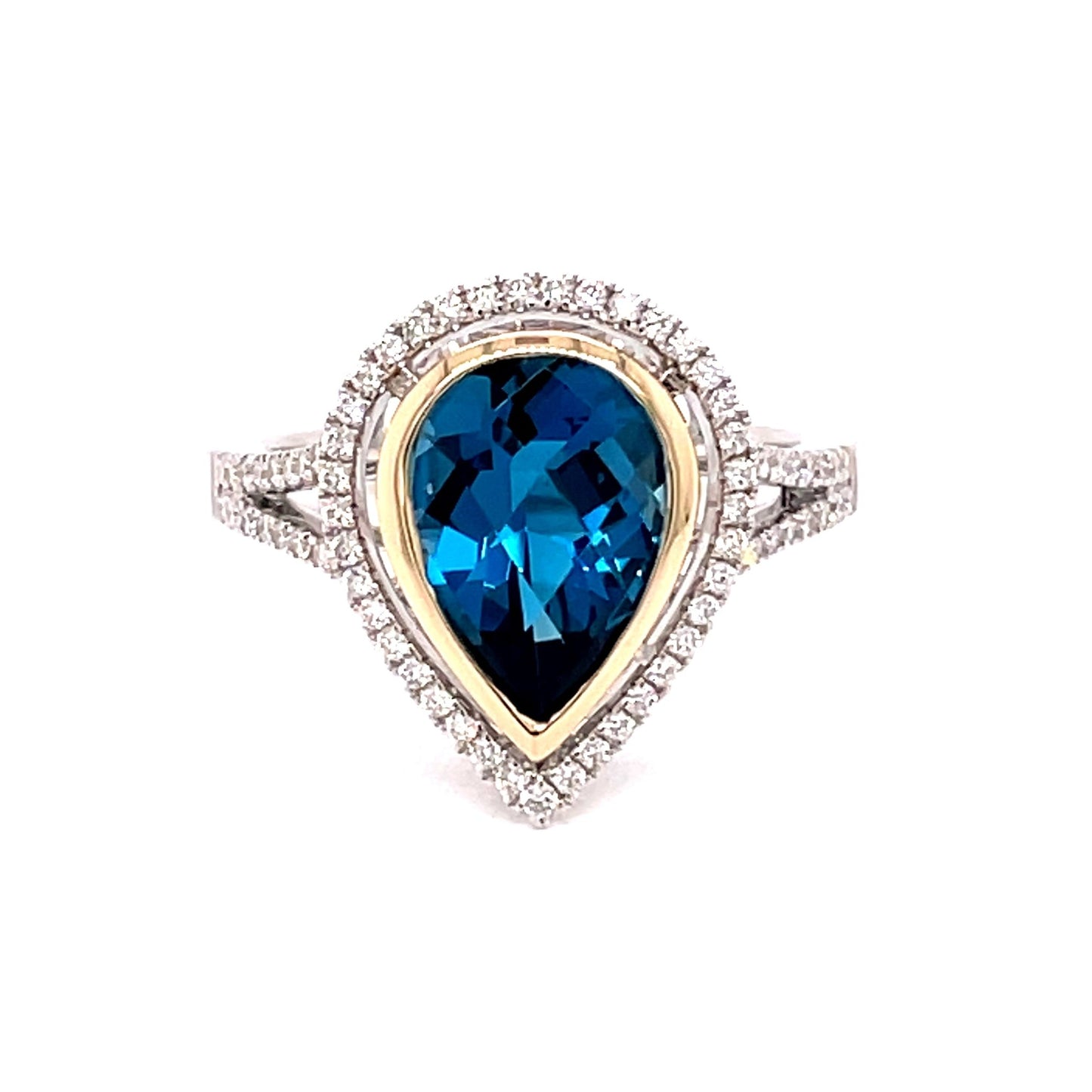 Pear Shaped London Blue Topaz and Diamond Halo Ring  Gardiner Brothers   