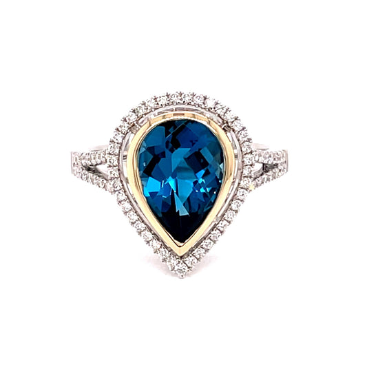 Pear Shaped London Blue Topaz and Diamond Halo Ring  Gardiner Brothers   