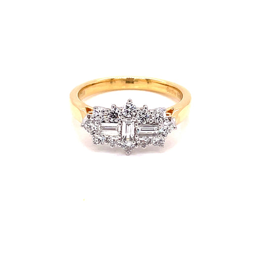 Yellow Gold Emerald and Round Brilliant Cut Diamond Cluster Ring - 0.80cts Gardiner Brothers