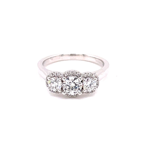 Platinum Round Brilliant Cut Diamond 3 Stone Halo Style Ring - 0.95cts Gardiner Brothers