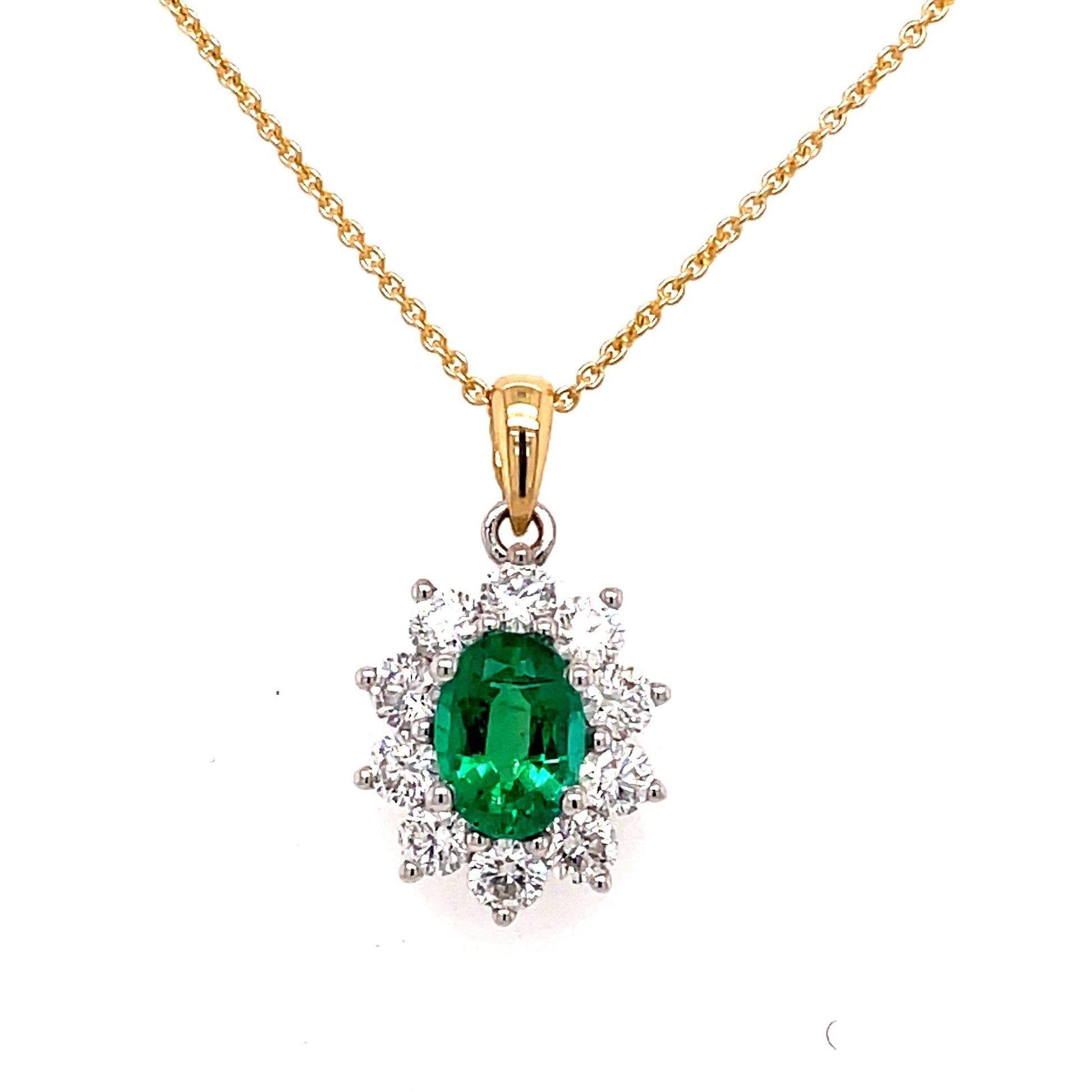 Emerald and Round Brilliant Cut Diamond Cluster Style Pendant  Gardiner Brothers   