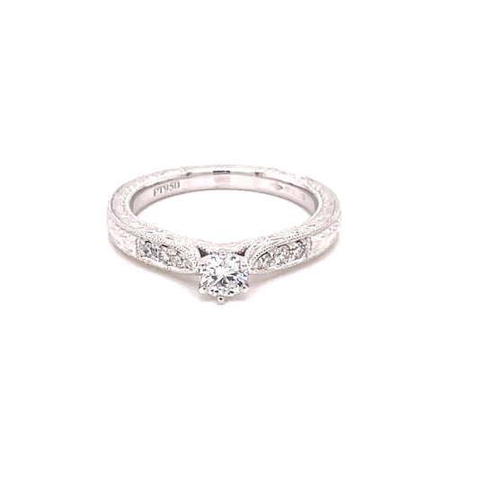 Platinum Round Brilliant Cut Diamond Solitaire with Patterned and Diamond Set Shoulders - 0.35cts Gardiner Brothers