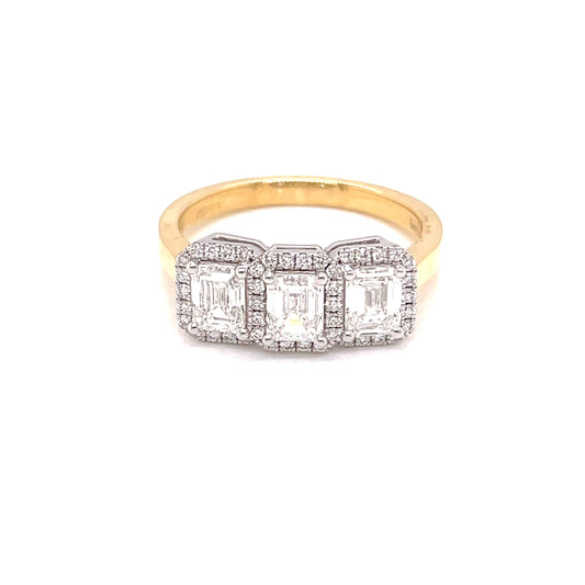 Yellow Gold, Emerald Cut 3 Stone Diamond Halo Ring  Gardiner Brothers   