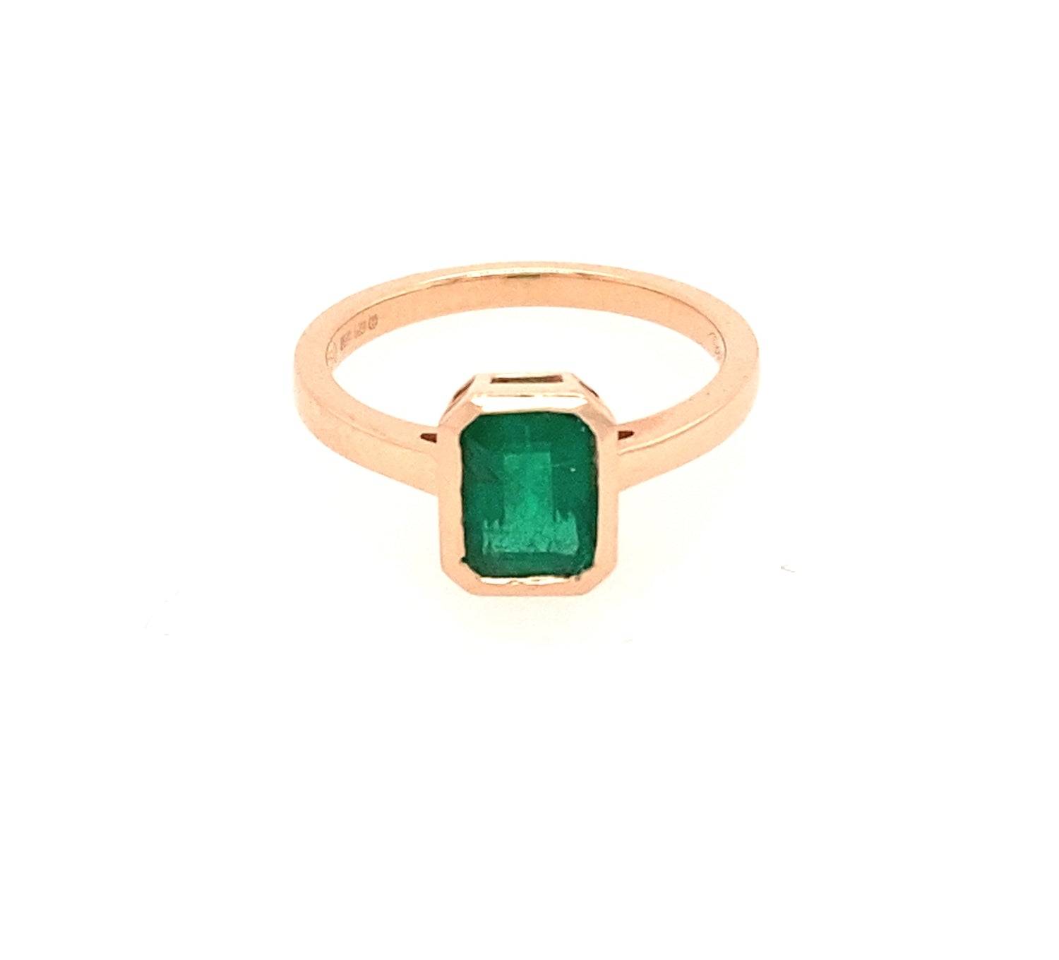 Rose Gold, Emerald Dress Ring in a Rub Over Setting  Gardiner Brothers   