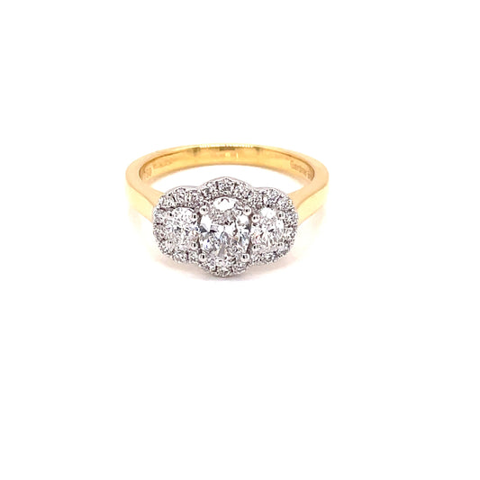 Yellow Gold Oval Shaped Diamond 3 Stone Halo Cluster Style Ring - 1.00cts Gardiner Brothers