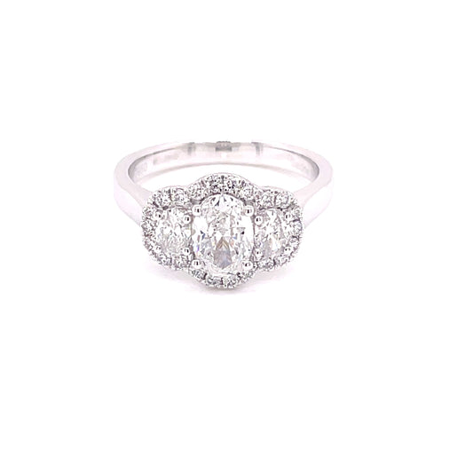 Platinum Oval Shaped Diamond 3 Stone Halo Style Ring - 1.26cts Gardiner Brothers
