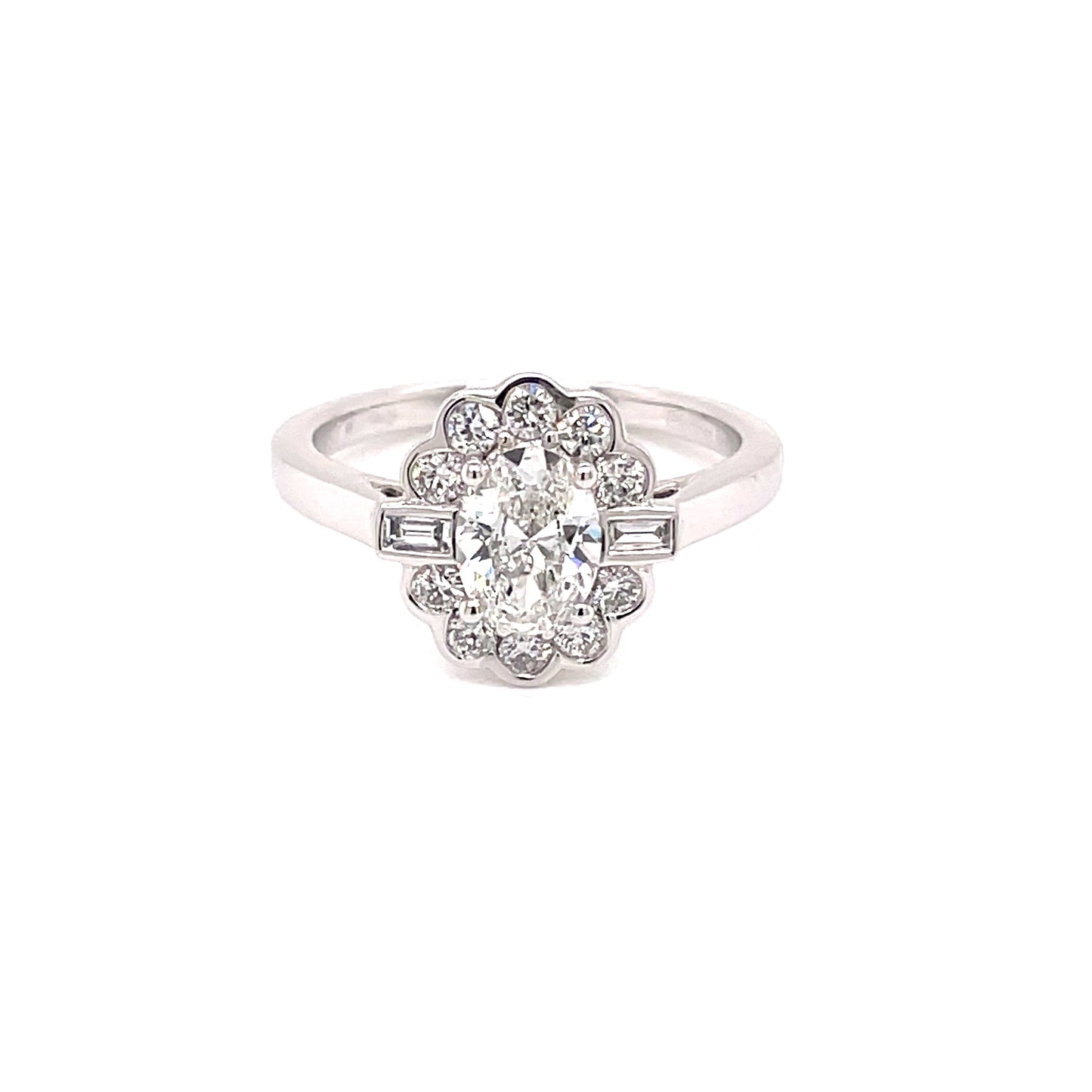 Platinum Oval with Round Brilliant and Baguette Cut Diamonds Cluster Ring - 1.15cts Gardiner Brothers