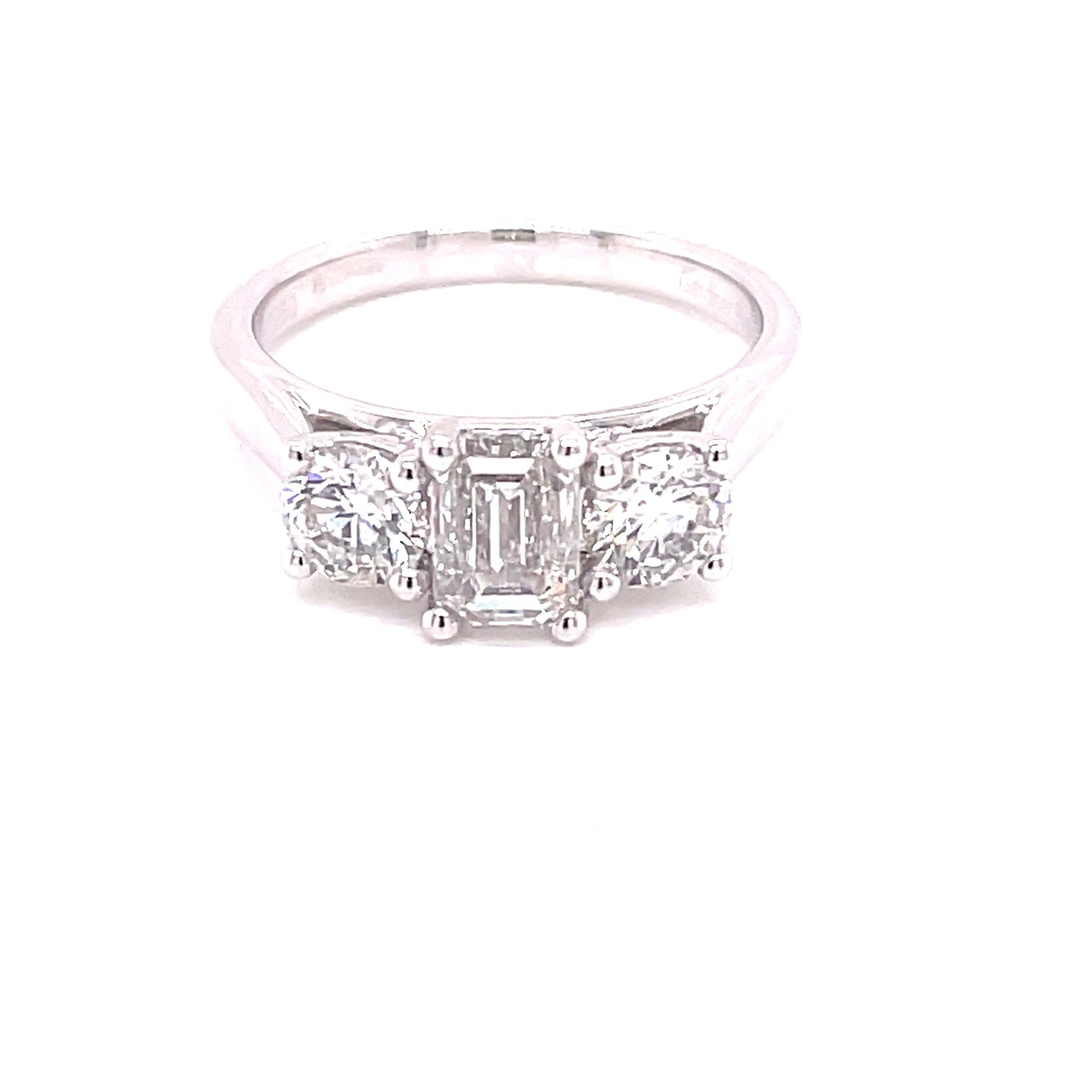 Platinum Emerald and Round Brilliant Cut Diamond 3 Stone Ring - 1.80cts Gardiner Brothers