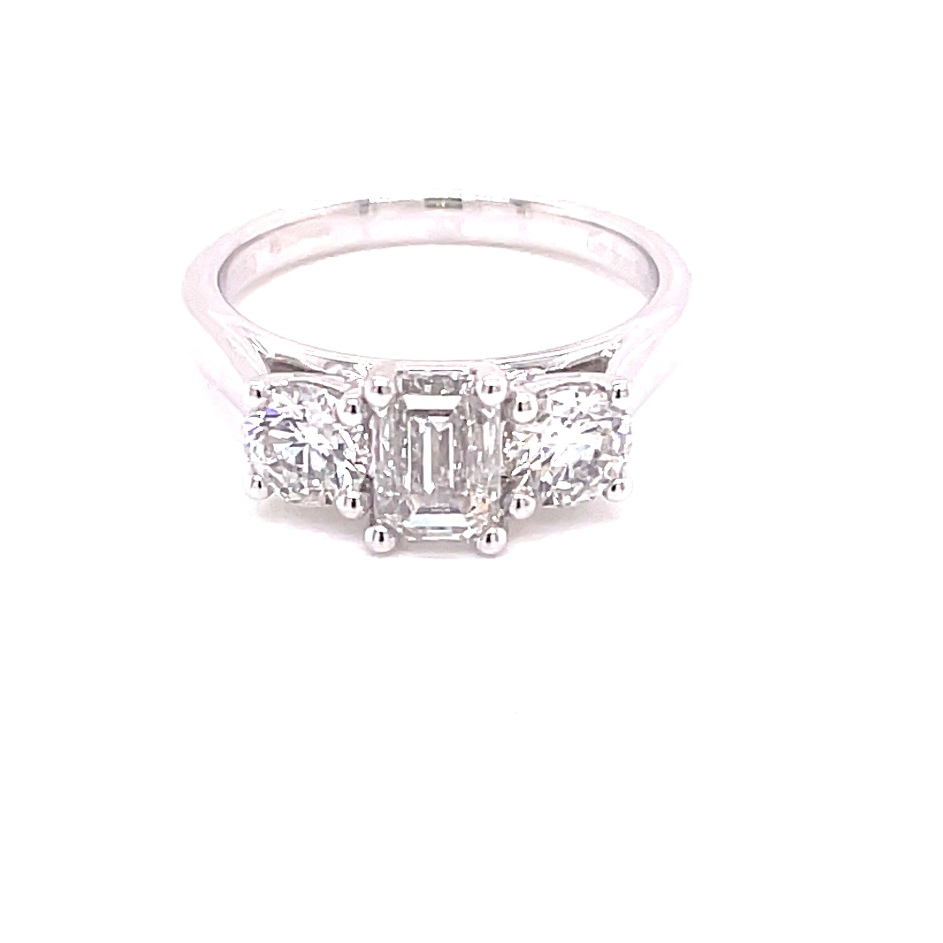 Platinum Emerald and Round Brilliant Cut Diamond 3 Stone Ring - 1.80cts Gardiner Brothers