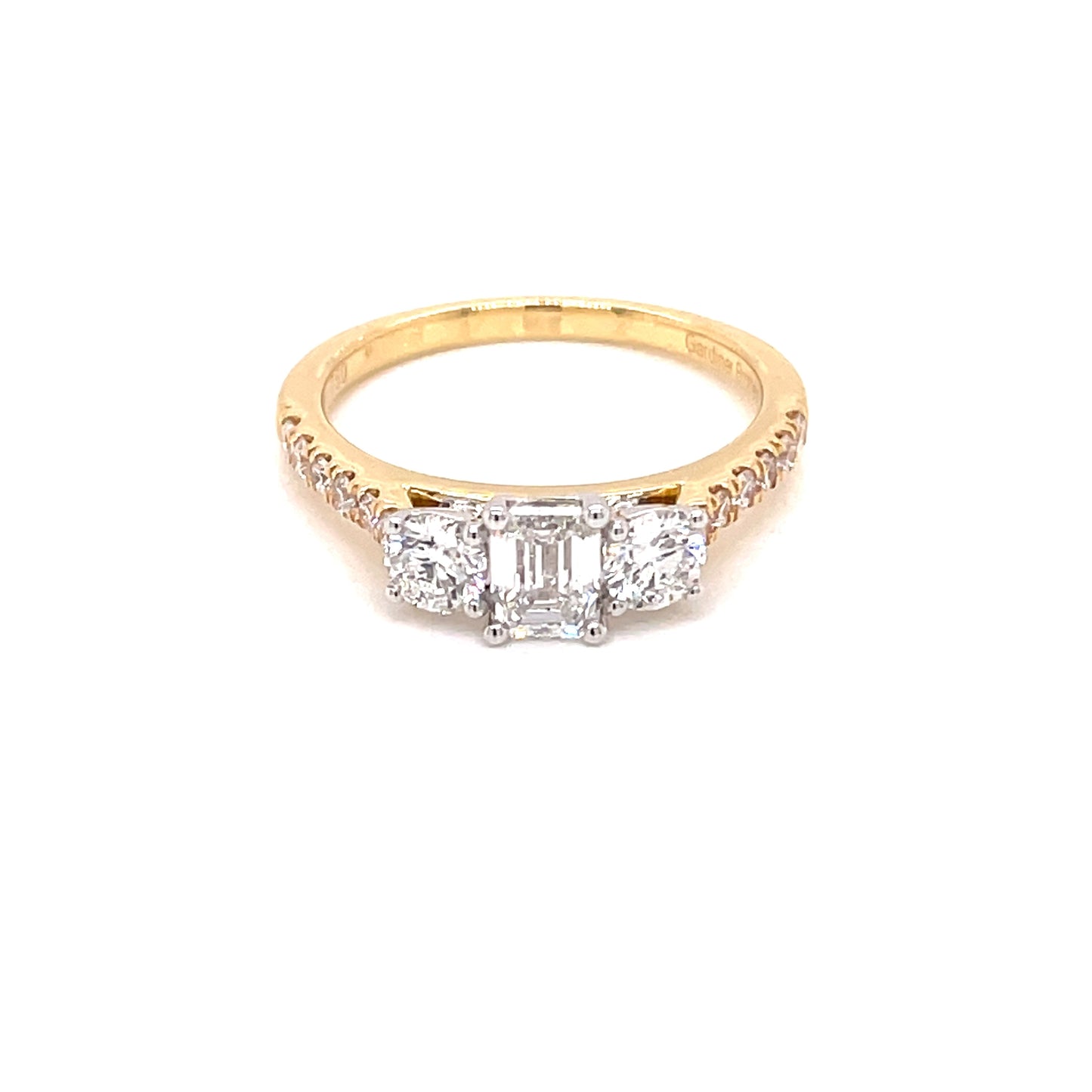 Yellow Gold Emerald and Round Brilliant Cut Diamond 3 Stone With Diamond Set Shoulders - 1.15cts Gardiner Brothers