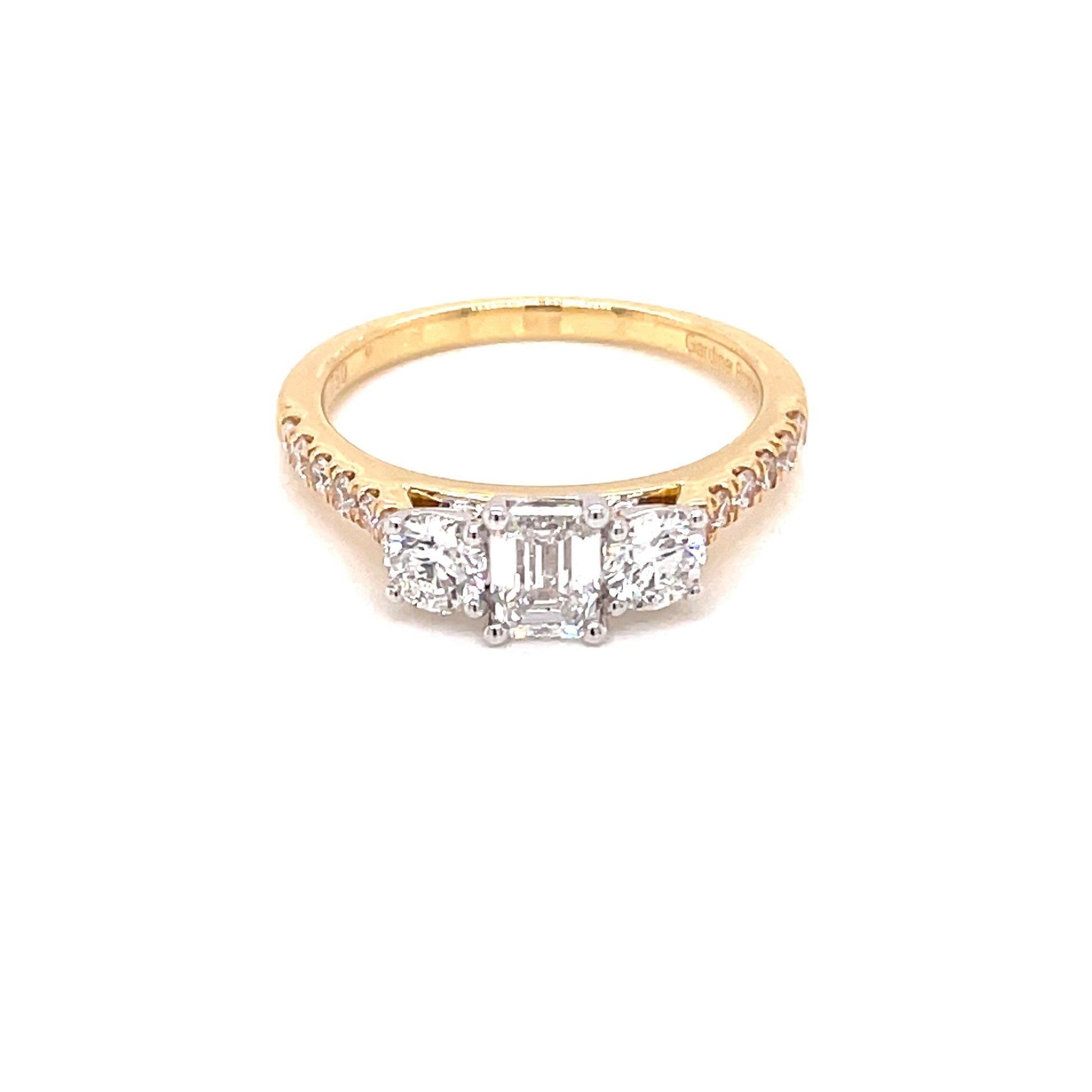 Yellow Gold Emerald and Round Brilliant Cut Diamond 3 Stone With Diamond Set Shoulders - 1.15cts Gardiner Brothers