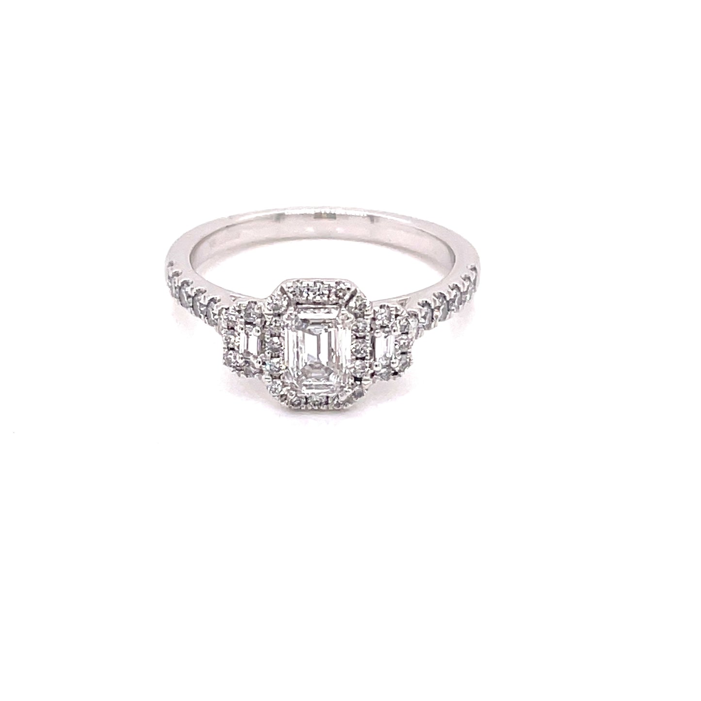 Platinum Emerald Cut Diamond Halo Style 3 Stone Ring - 0.92cts Gardiner Brothers