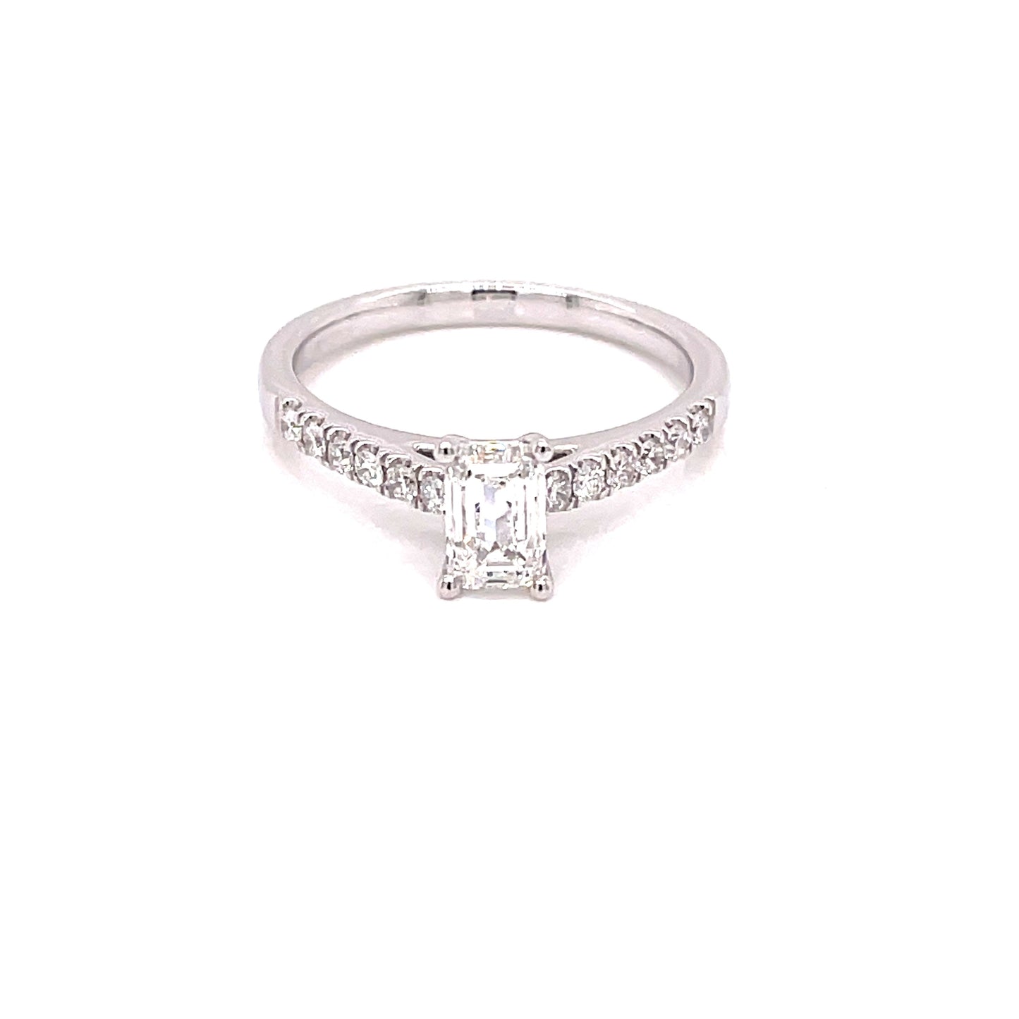 Platinum Emerald Cut Diamond Solitaire With Round Brilliant Cut Diamond Set Shoulders - 0.95cts Gardiner Brothers