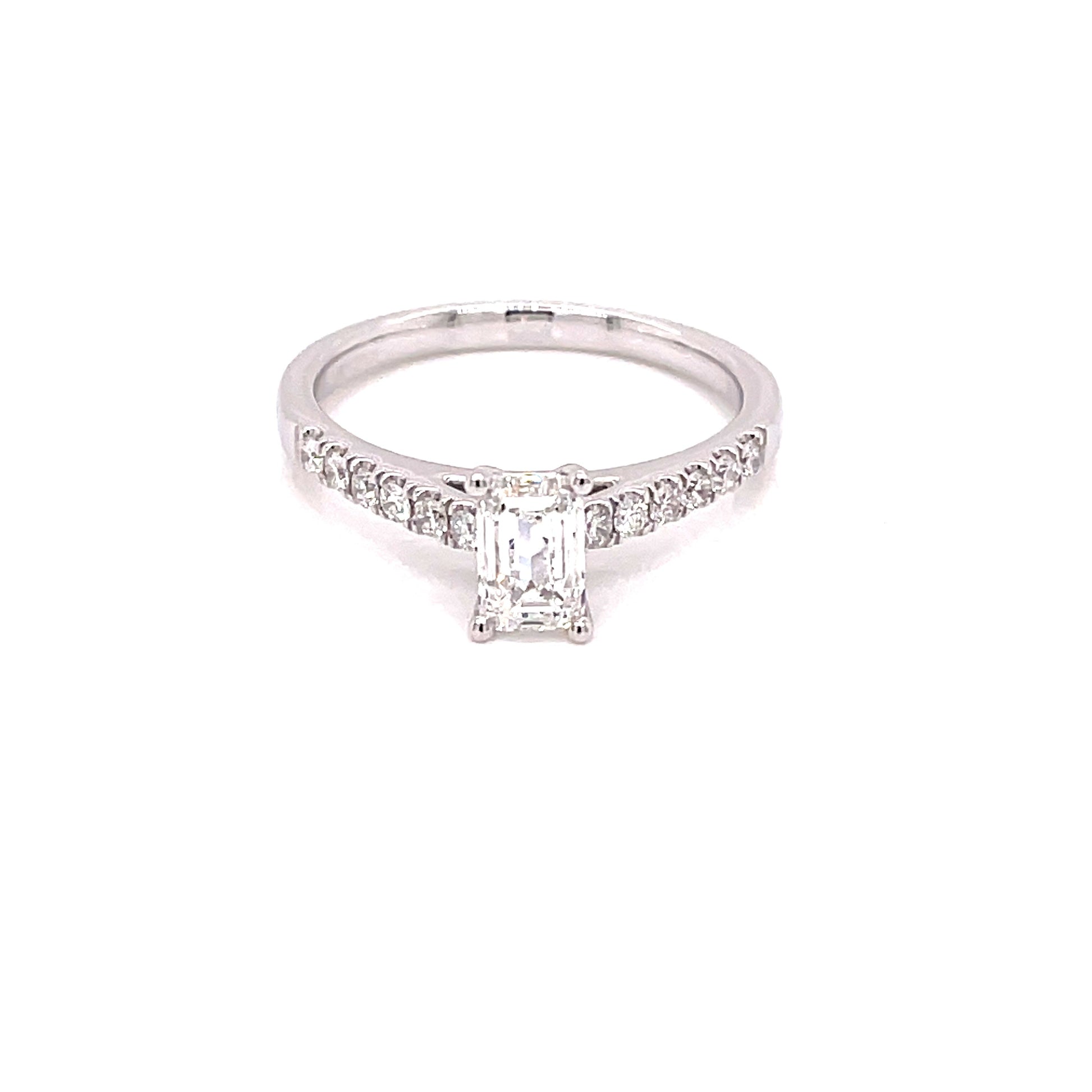 Platinum Emerald Cut Diamond Solitaire With Round Brilliant Cut Diamond Set Shoulders - 0.95cts Gardiner Brothers