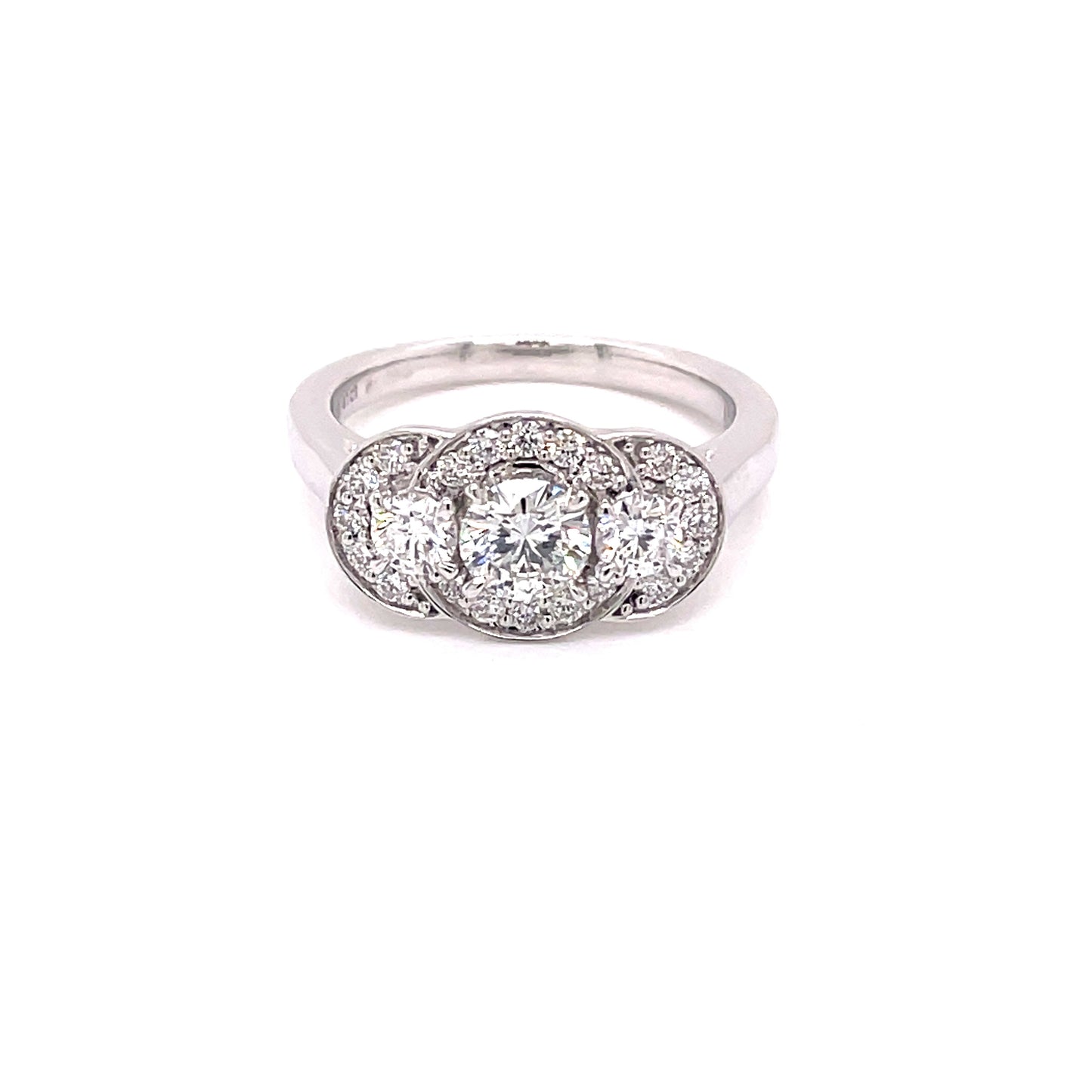 Platinum Aurora Cut Diamond 3 Stone Halo Style Ring - 0.95cts Gardiner Brothers