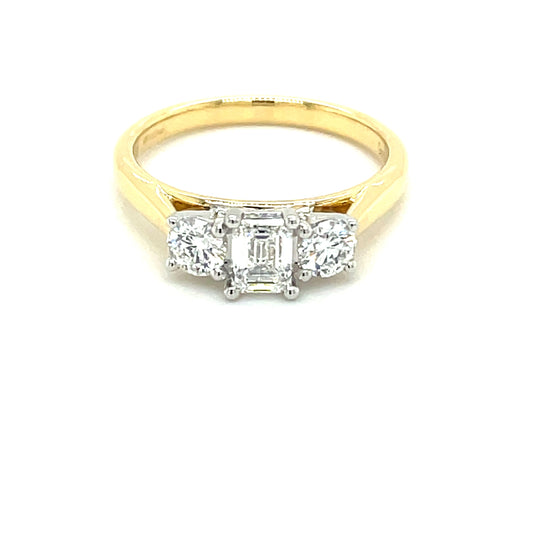 Yellow Gold Emerald and Round Brilliant Cut Diamond 3 Stone Ring - 0.80cts Gardiner Brothers