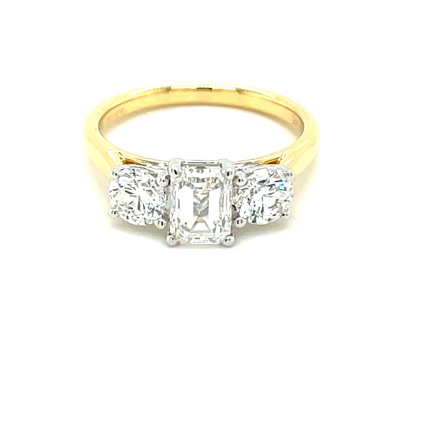 Yellow Gold Emerald and Round Brilliant Cut Diamond 3 Stone Ring - 1.80cts Gardiner Brothers