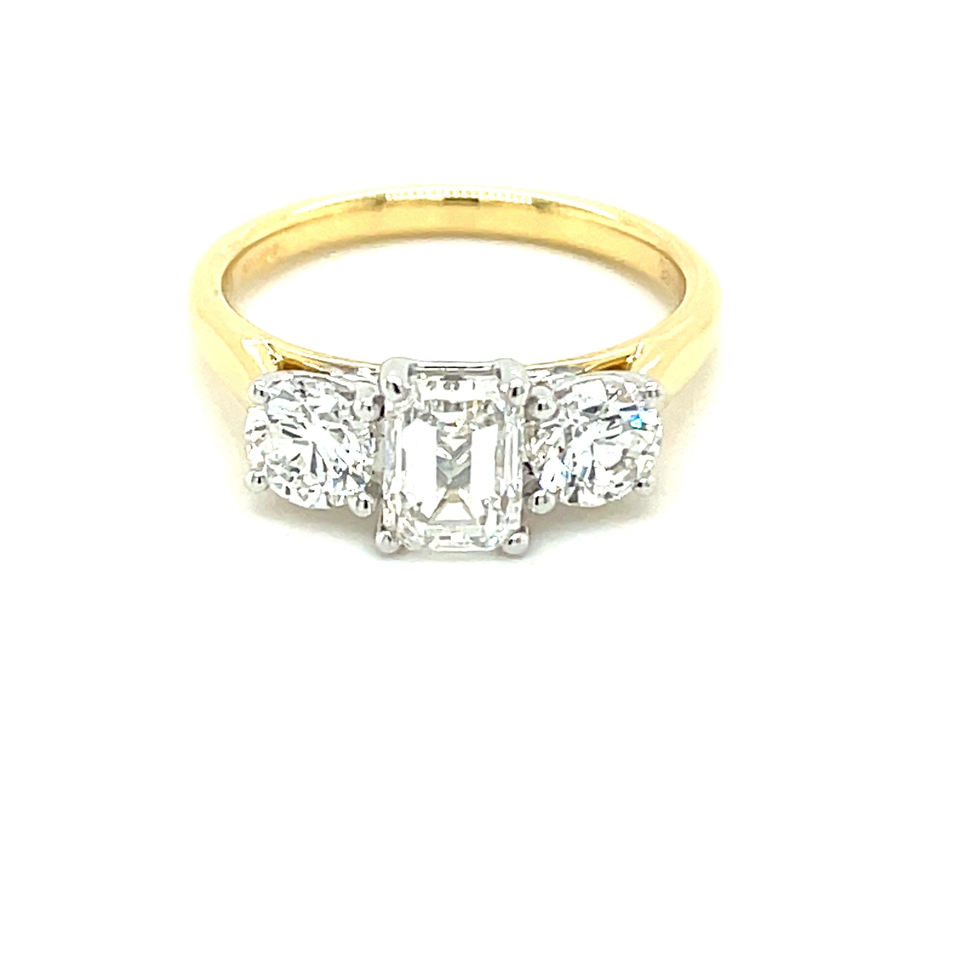 Yellow Gold Emerald and Round Brilliant Cut Diamond 3 Stone Ring - 1.80cts Gardiner Brothers