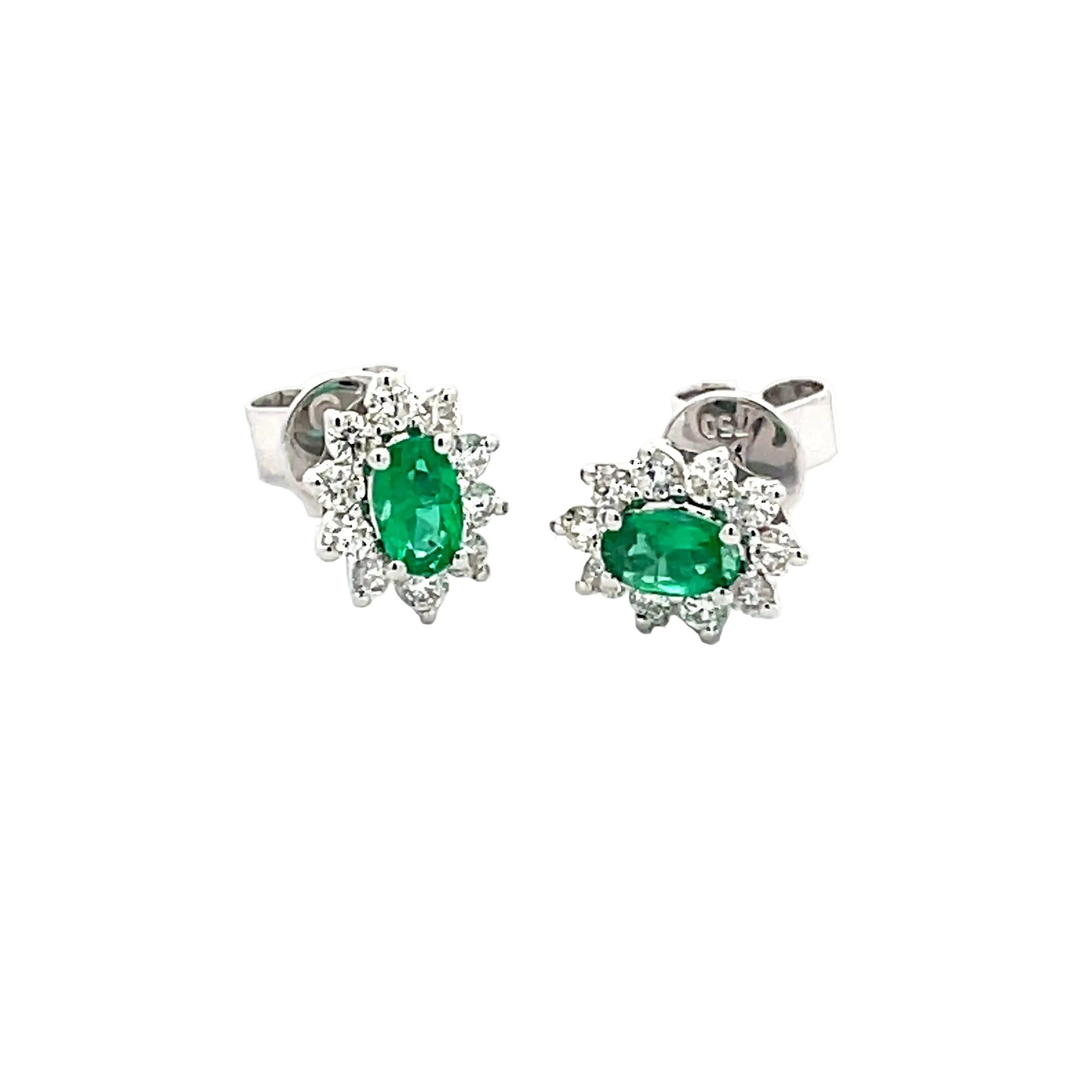 Emerald  AND ROUND BRILLIANT CUT DIAMOND CLUSTER STYLE EARRINGS  Gardiner Brothers   