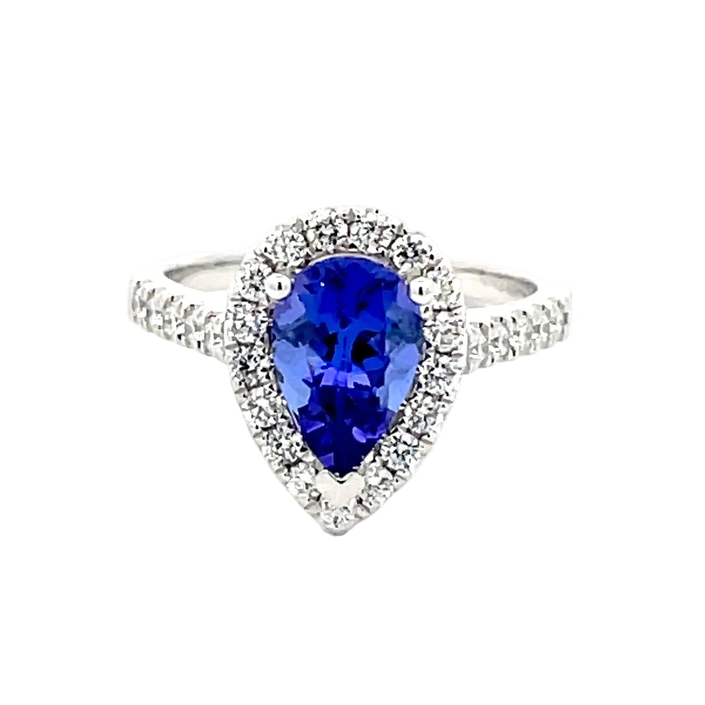 Pear Shaped Tanzanite and Diamond halo style ring Gardiner Brothers