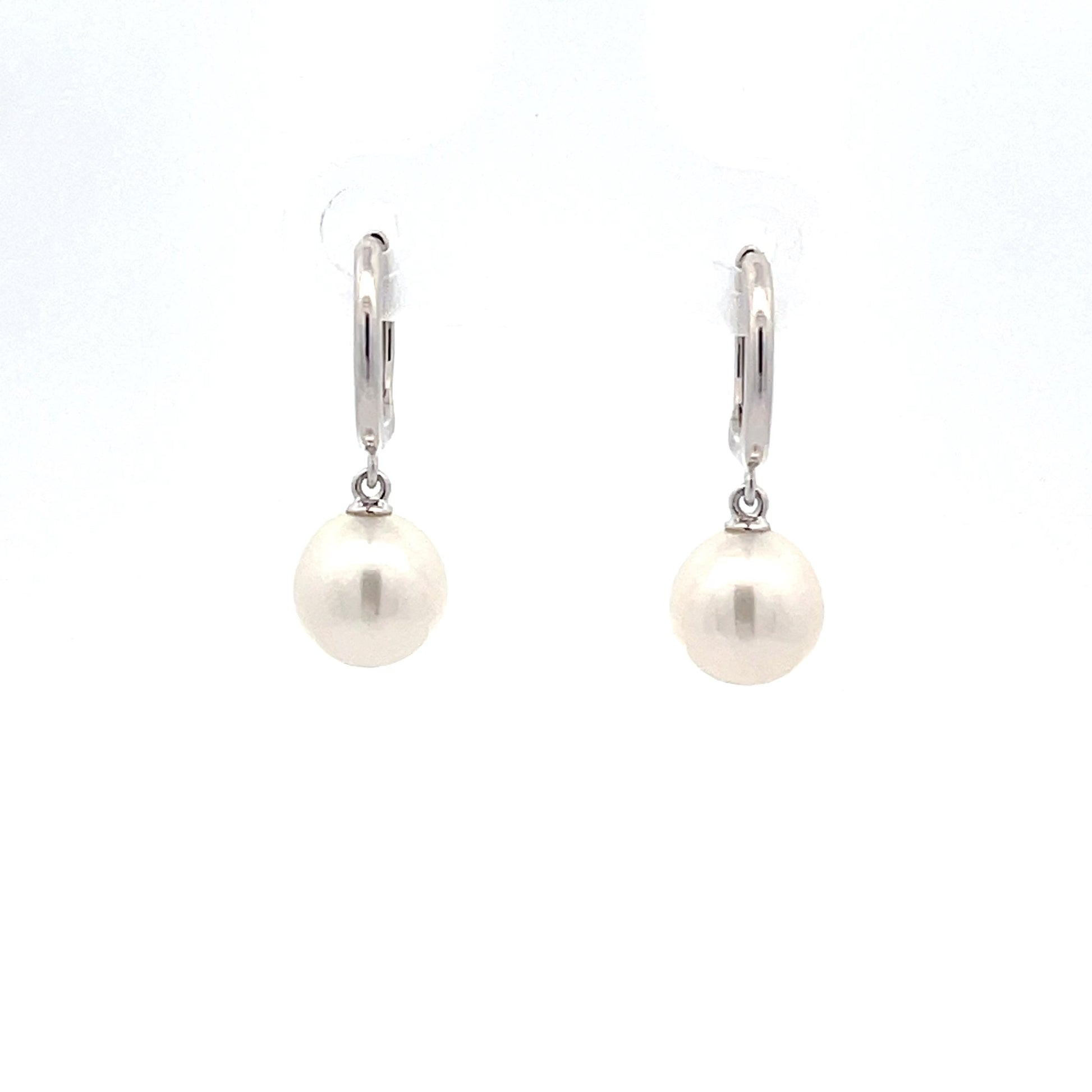 White Gold Hoop style Drop Pearl Earrings Gardiner Brothers