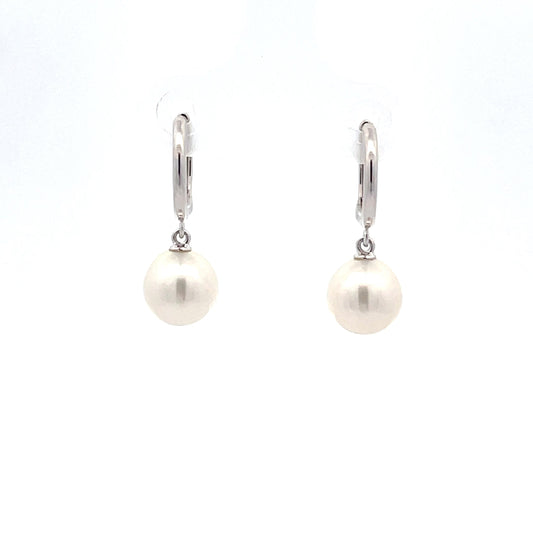 White Gold Hoop style Drop Pearl Earrings Gardiner Brothers