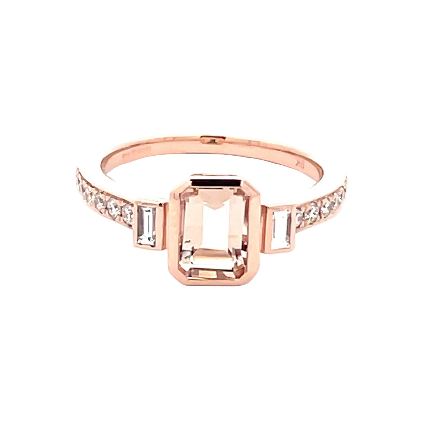 Morganite and Diamond 3 Stone Ring with Diamond Set shoulders.  Gardiner Brothers   