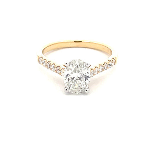 Yellow Gold Oval Shaped Diamond Solitaire ring with diamond set shoulders - 1.45cts Gardiner Brothers