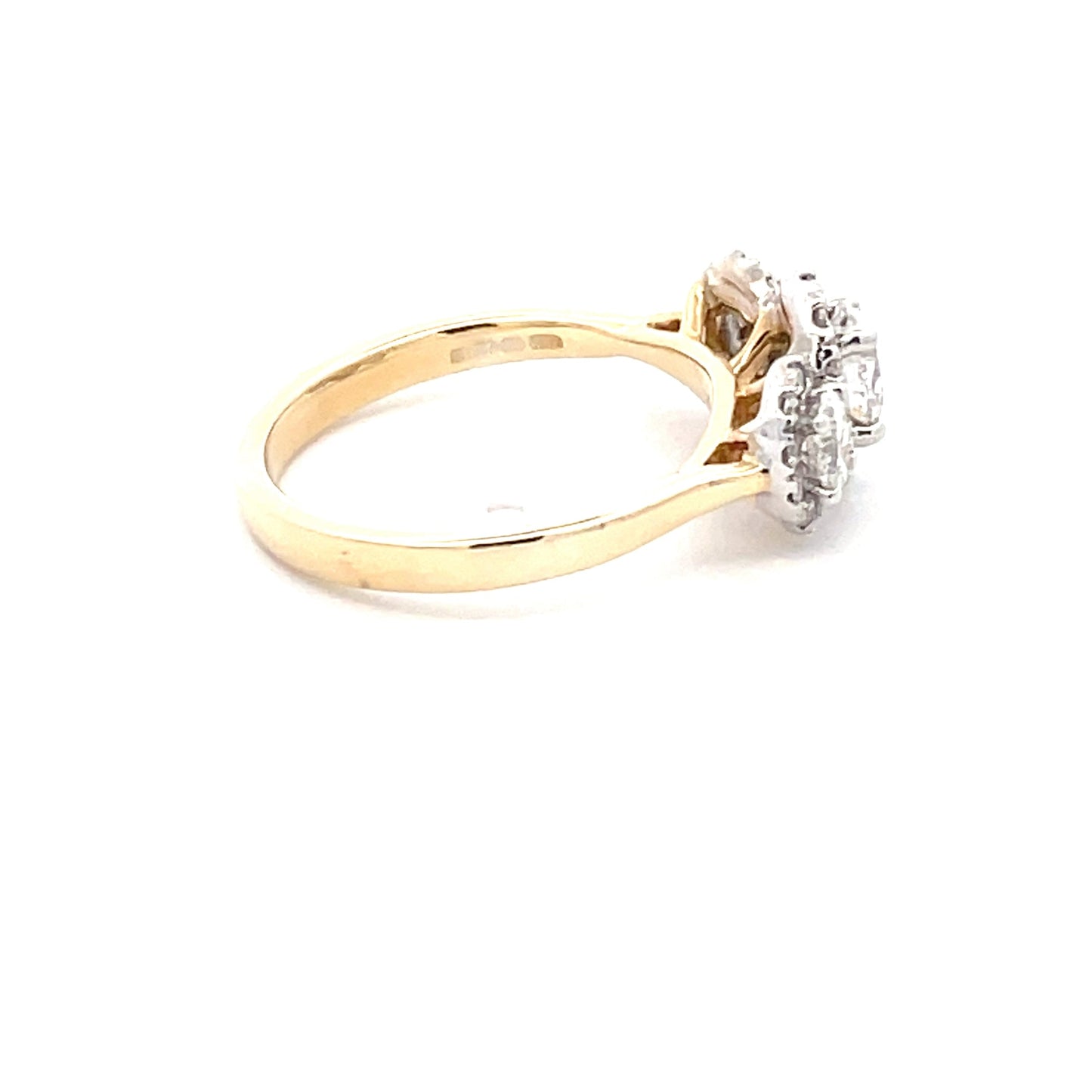 Yellow Gold 3 Oval Shaped diamond set in a halo cluster style ring - 0.96cts Gardiner Brothers