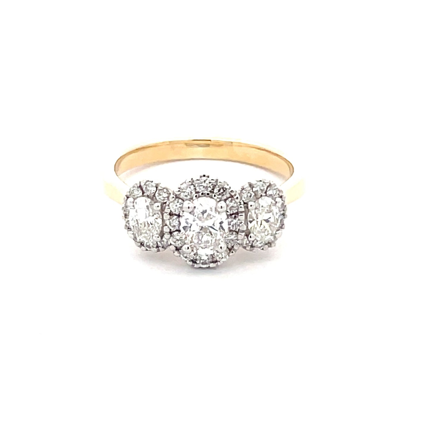 Yellow Gold 3 Oval Shaped diamond set in a halo cluster style ring - 0.96cts Gardiner Brothers