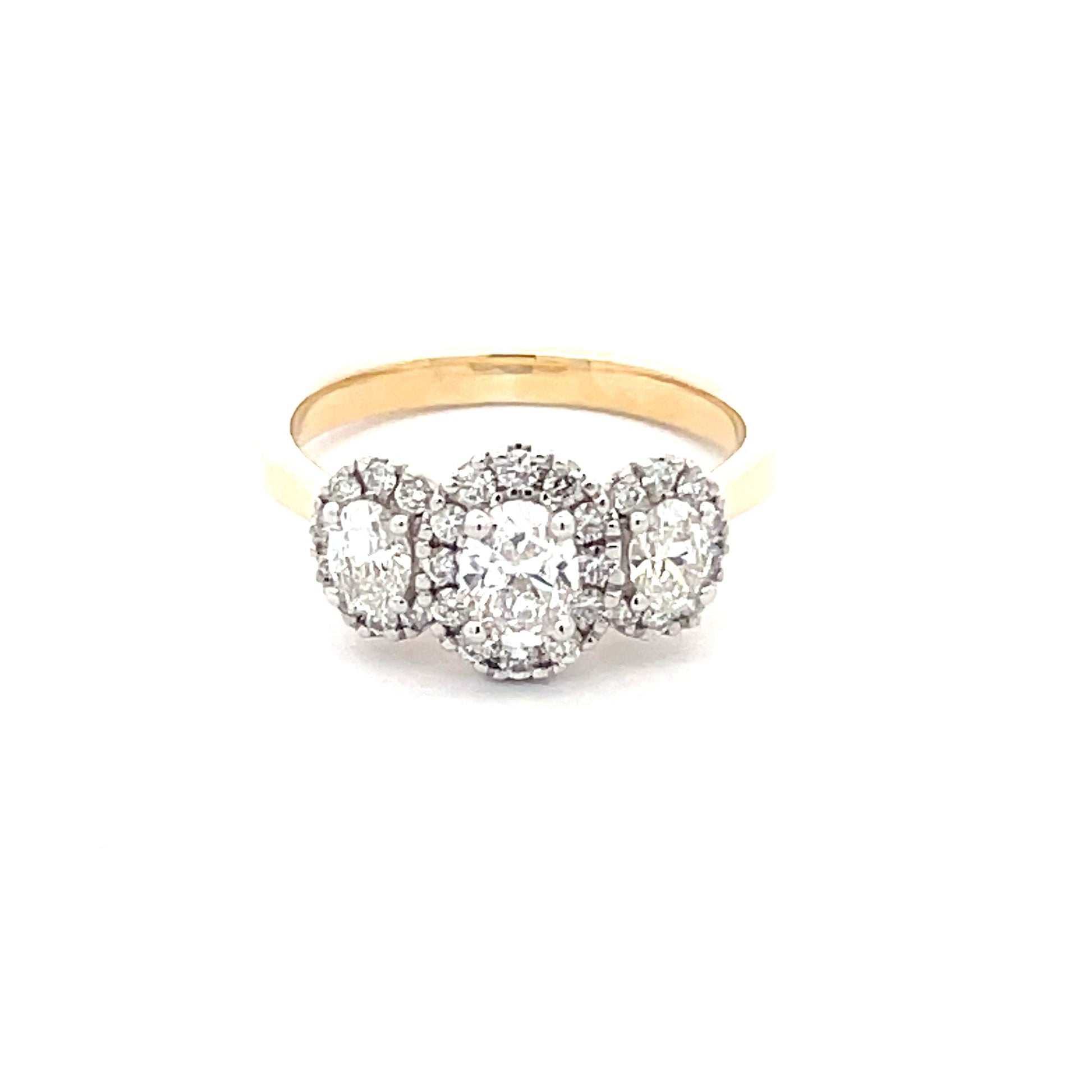 Yellow Gold 3 Oval Shaped diamond set in a halo cluster style ring - 0.96cts Gardiner Brothers