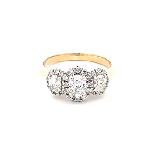 Yellow Gold 3 Oval Shaped diamond set in a halo cluster style ring - 0.96cts Gardiner Brothers