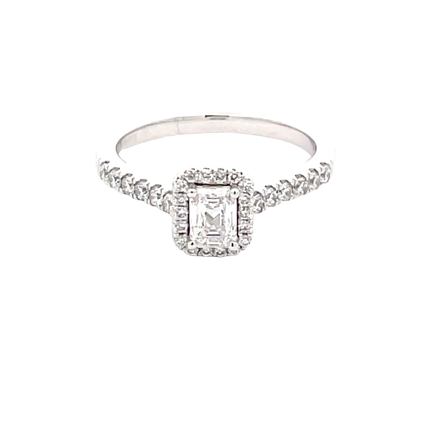 Platinum Emerald Cut Diamond Halo Cluster Style Ring - 0.80cts Gardiner Brothers