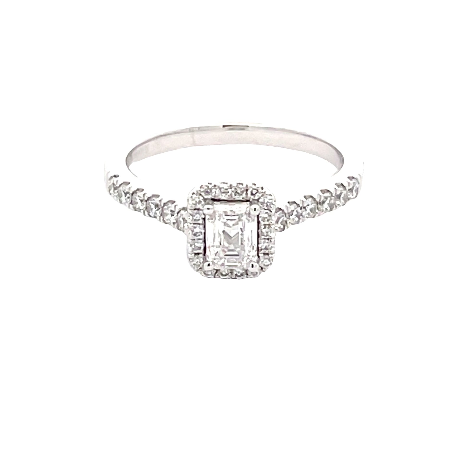 Platinum Emerald Cut Diamond Halo Cluster Style Ring - 0.80cts Gardiner Brothers
