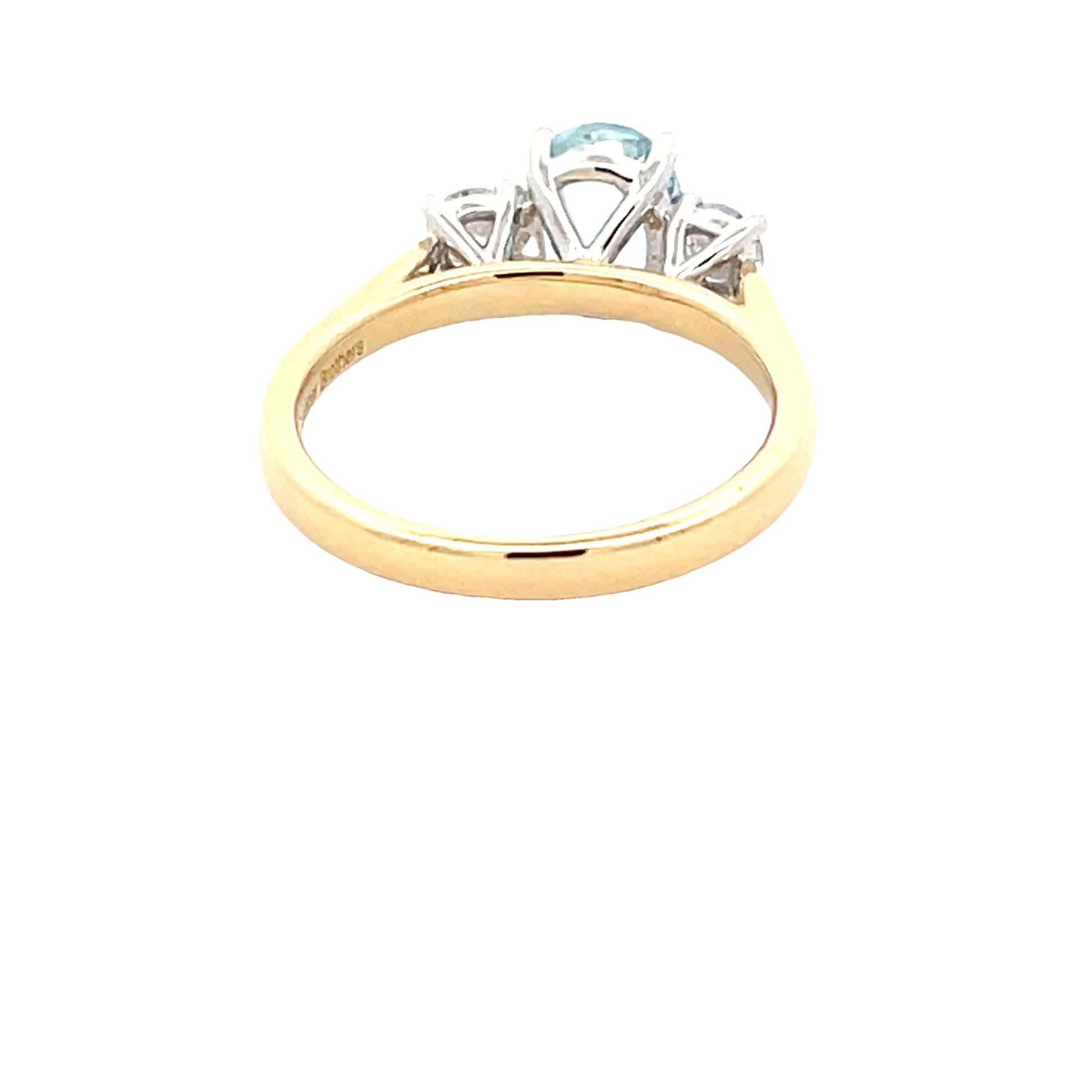 Oval Aquamarine and round brilliant cut diamond 3 stone ring Gardiner Brothers
