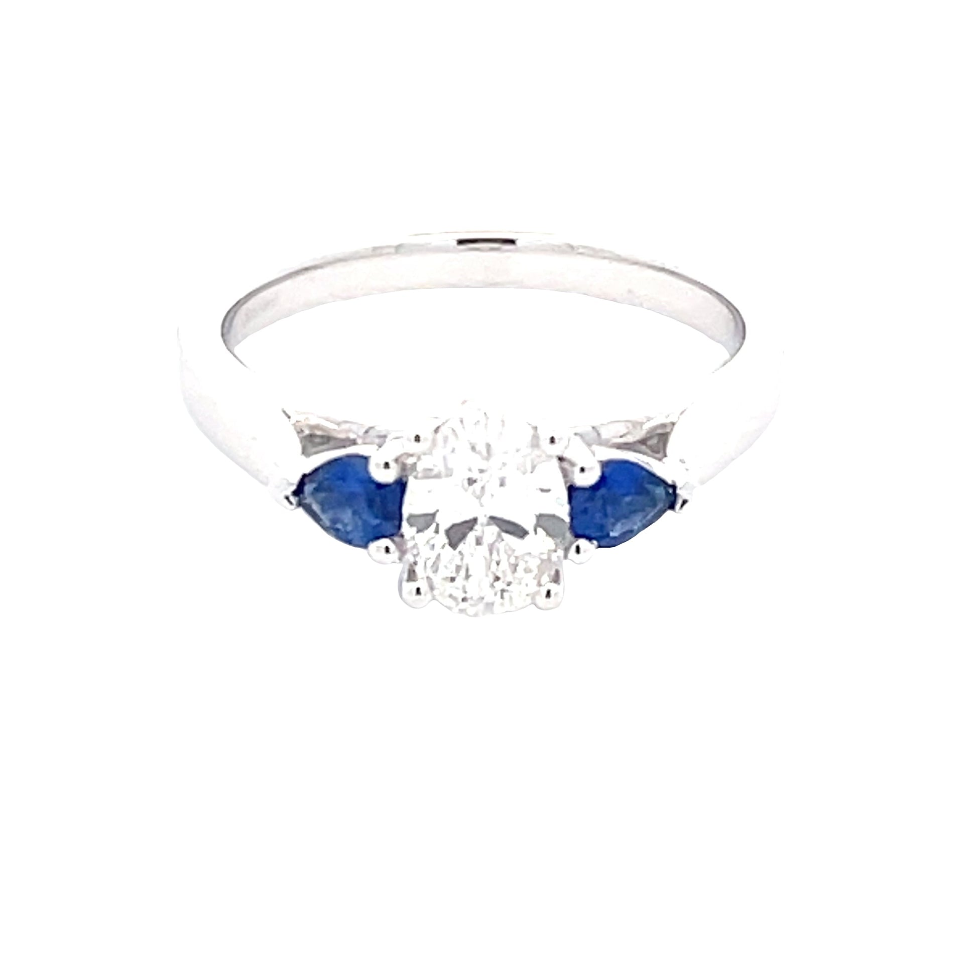 Platinum Oval Diamond and Pear Shaped Sapphire 3 Stone Ring Gardiner Brothers