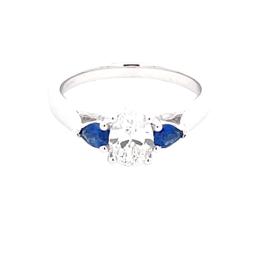 Platinum Oval Diamond and Pear Shaped Sapphire 3 Stone Ring Gardiner Brothers