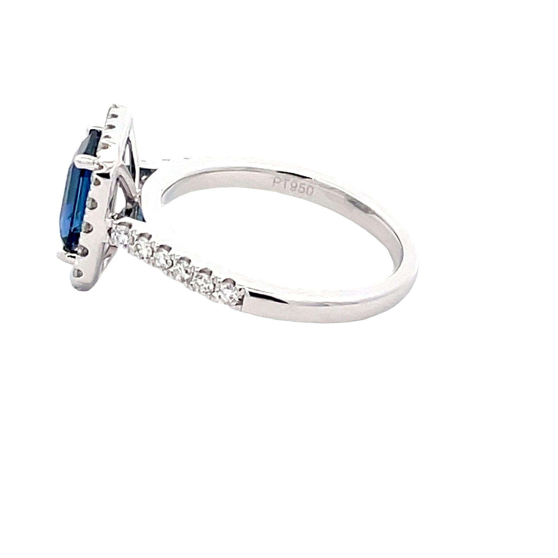 Octagonal Sapphire and round brilliant cut diamond halo cluster style ring  Gardiner Brothers   
